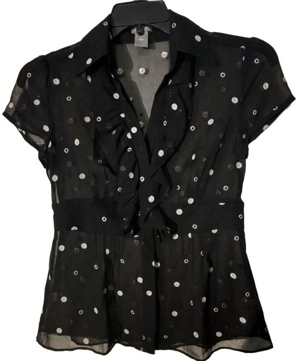 Ann Taylor Polka Dot Blouse Size 2 Black Short Sleeve Ruffle Sheer